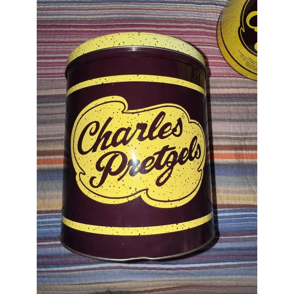 Vintage Charles Chips and Charles Pretzels Tin Set Yellow Brown Retro Snack Cans